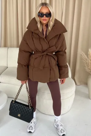 Alaska chocolate brown short padded duvet button up coat