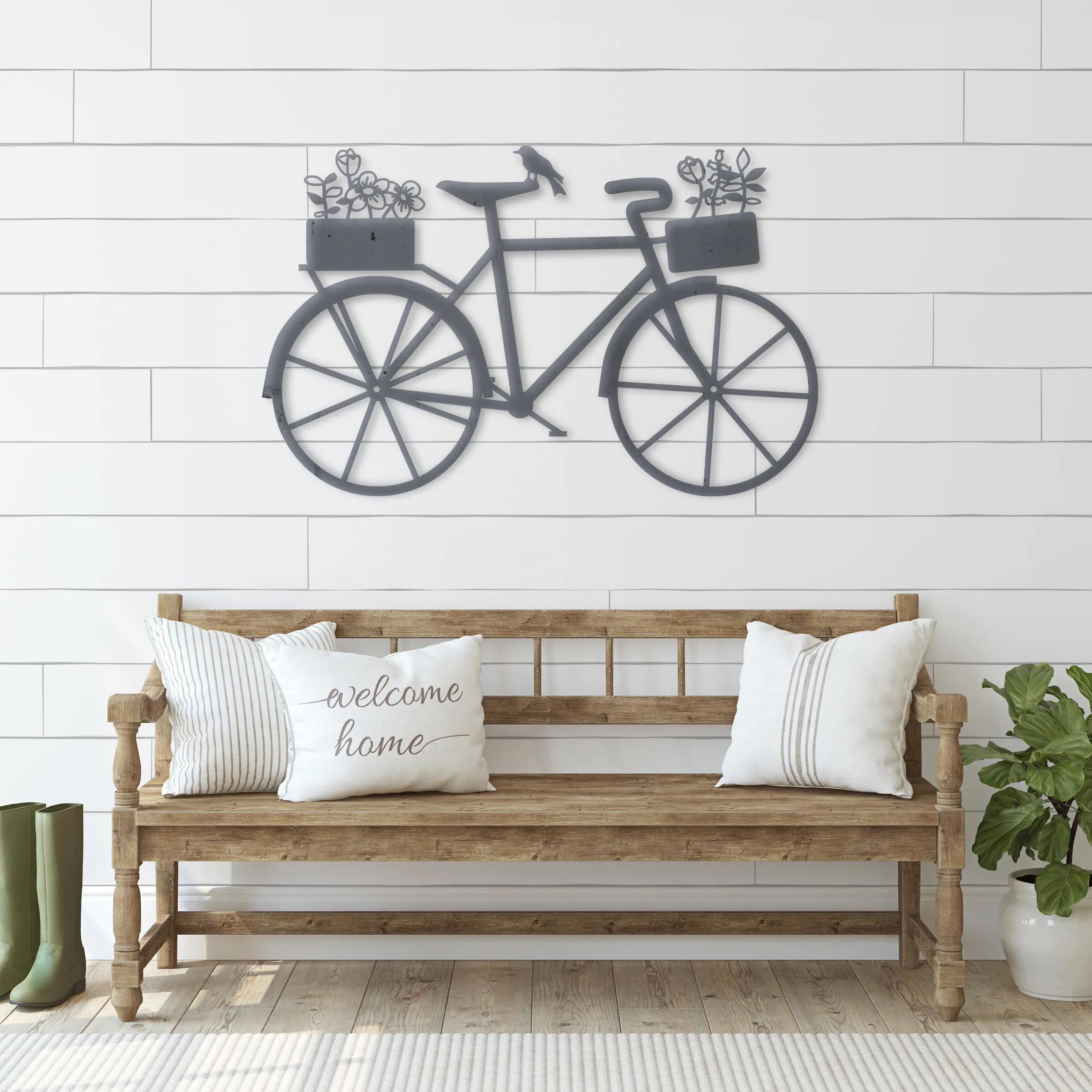 Bicycle with Flowers Living Room Decor - Minimalist Metal Wall Art - Rusty Garden Art