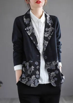 Black Patchwork Button Denim Coat Long Sleeve