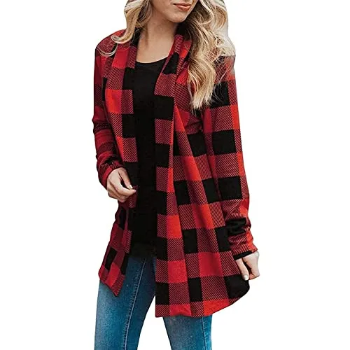 BONIXOOM Long Shacket Jacket Women 2024 Plaid Printed Open Front Coat Cardigan Long Sleeve Loose Outerwear Outwear Shirts