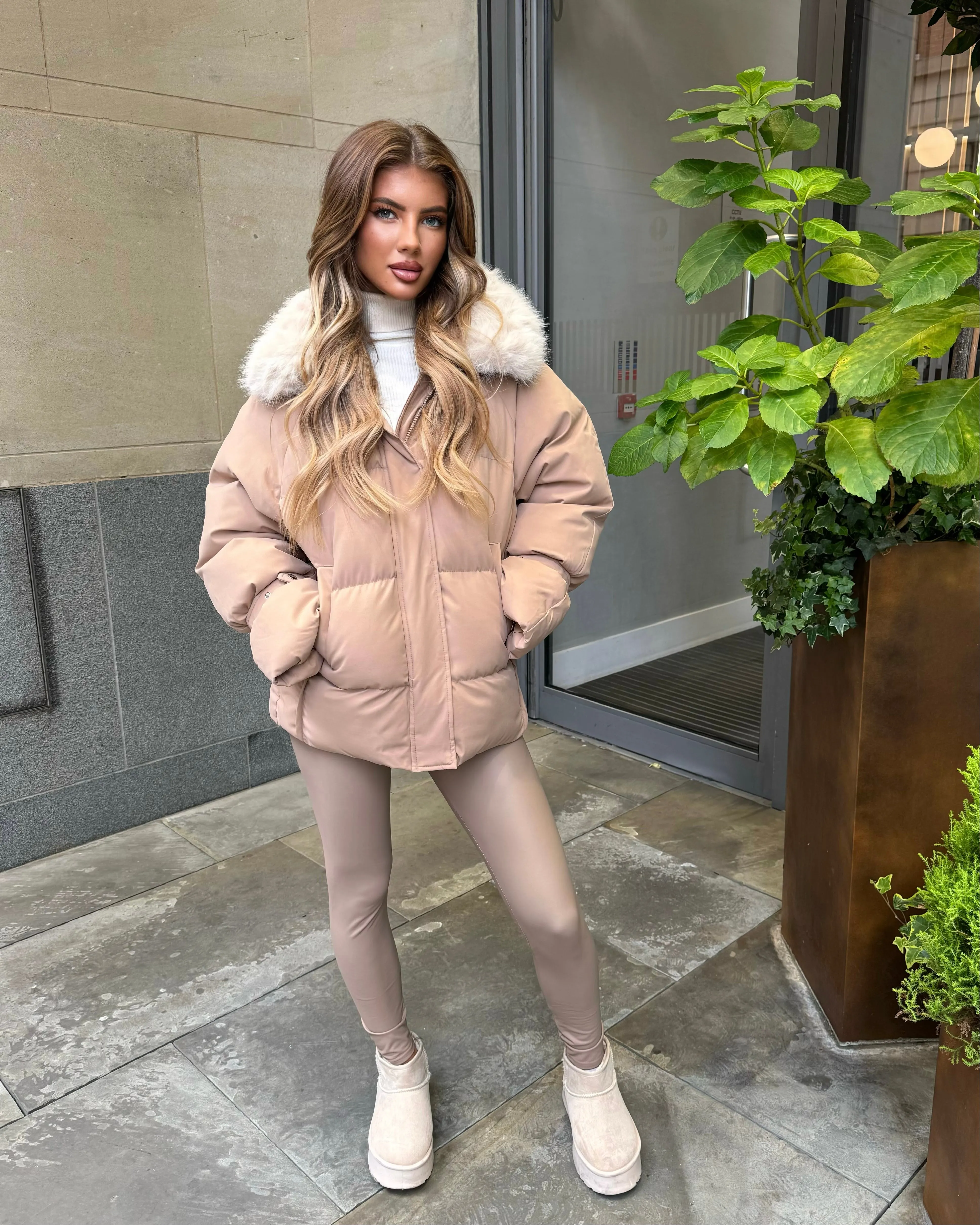 Camille Short Faux Fur Trim Puffer Coat- Camel