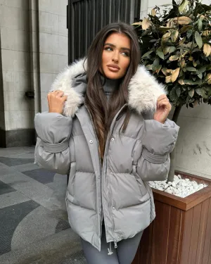 Camille Short Faux Fur Trim Puffer Coat- Grey