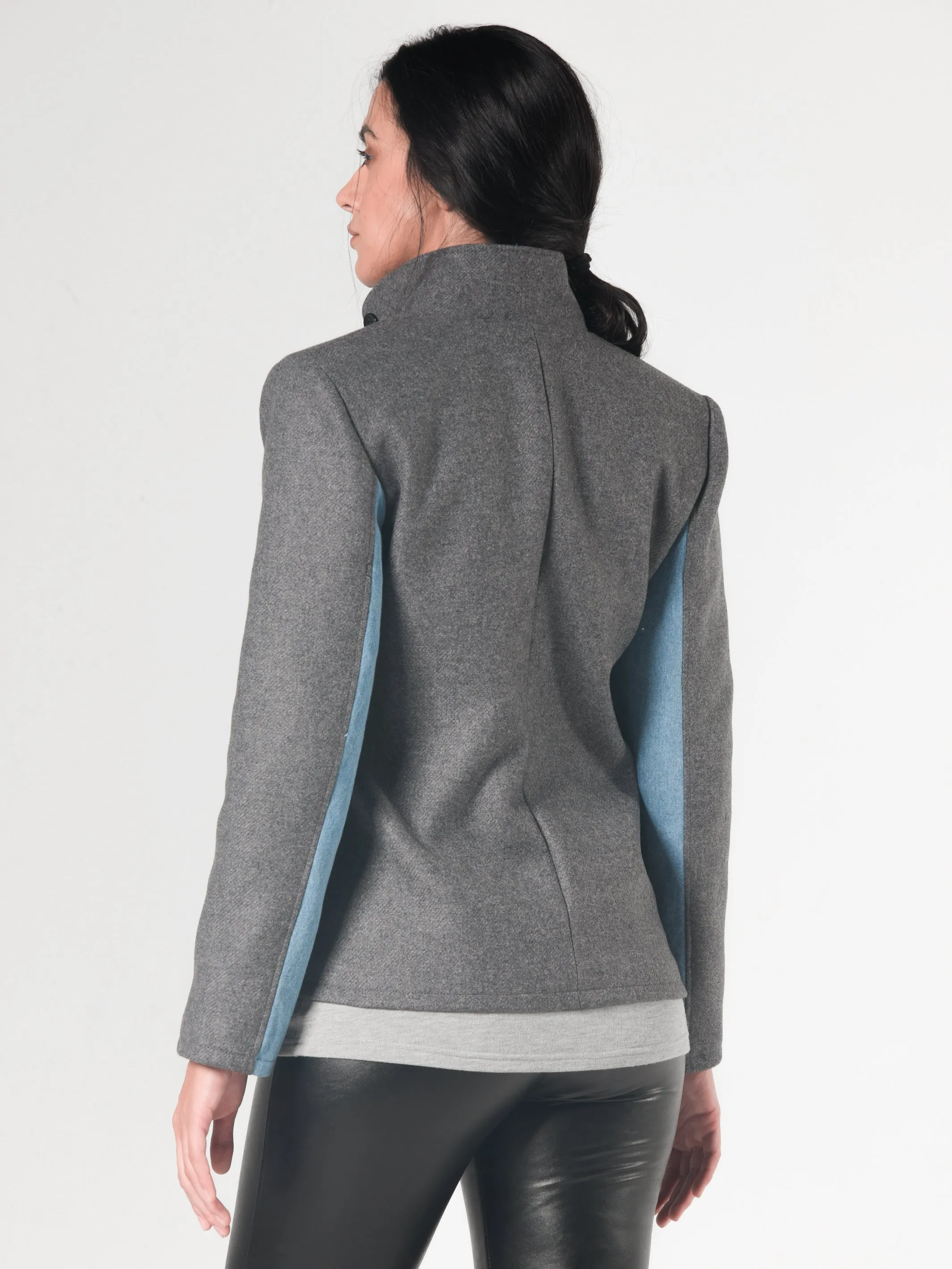 Double-Breasted Short Jacket With Denim In Gray