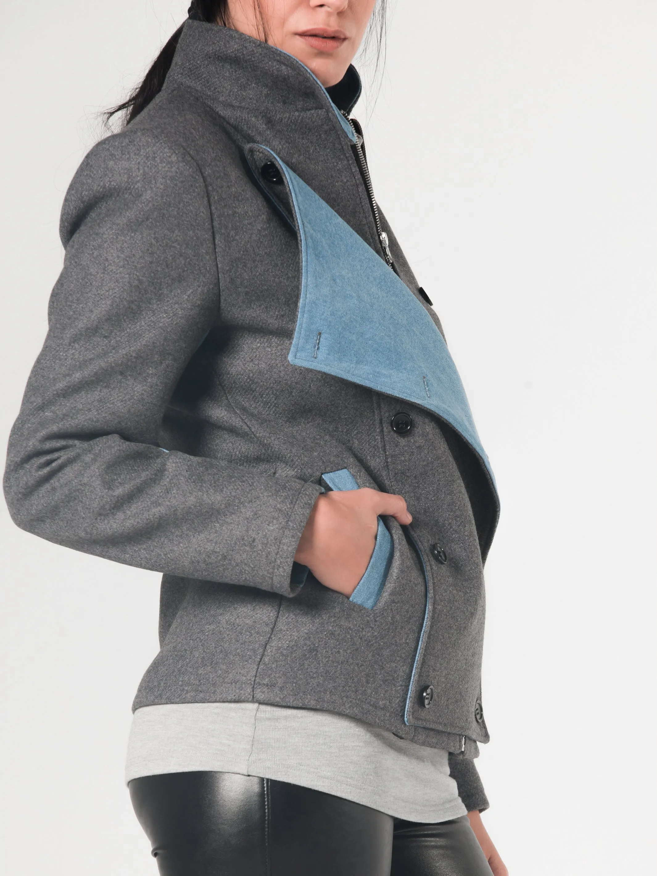 Double-Breasted Short Jacket With Denim In Gray