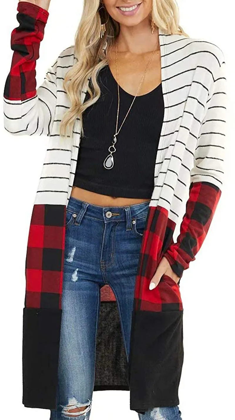 Dressmine Women's Long Sleeve Open Front Cardigan Buffalo Plaid Knitted Maxi Sweater Coat Outwear