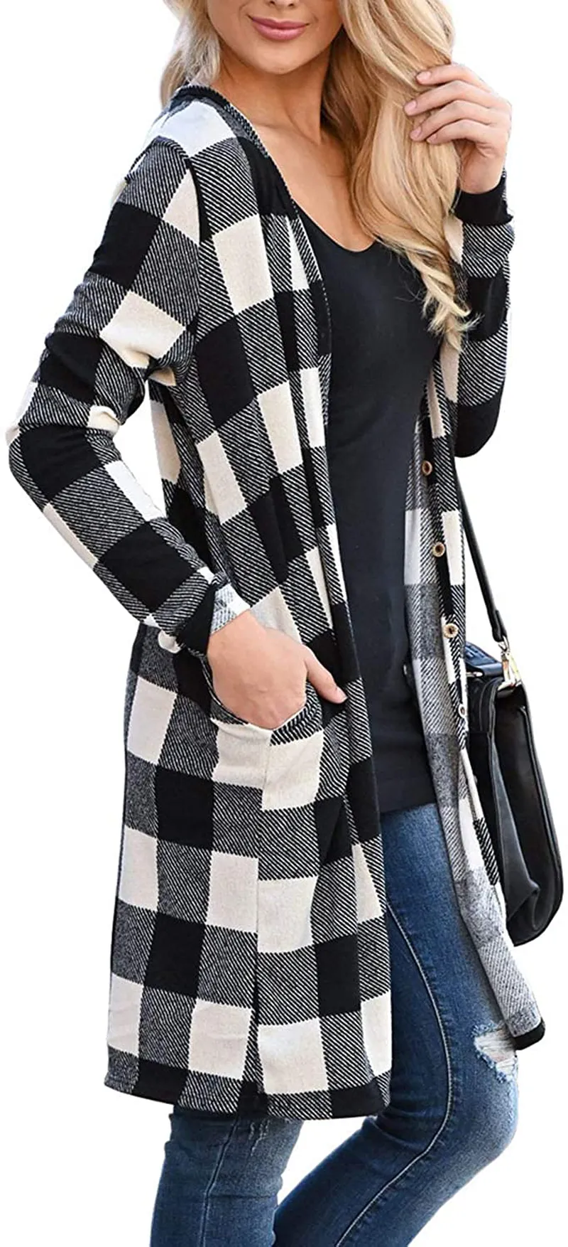 Dressmine Women's Long Sleeve Open Front Cardigan Buffalo Plaid Knitted Maxi Sweater Coat Outwear