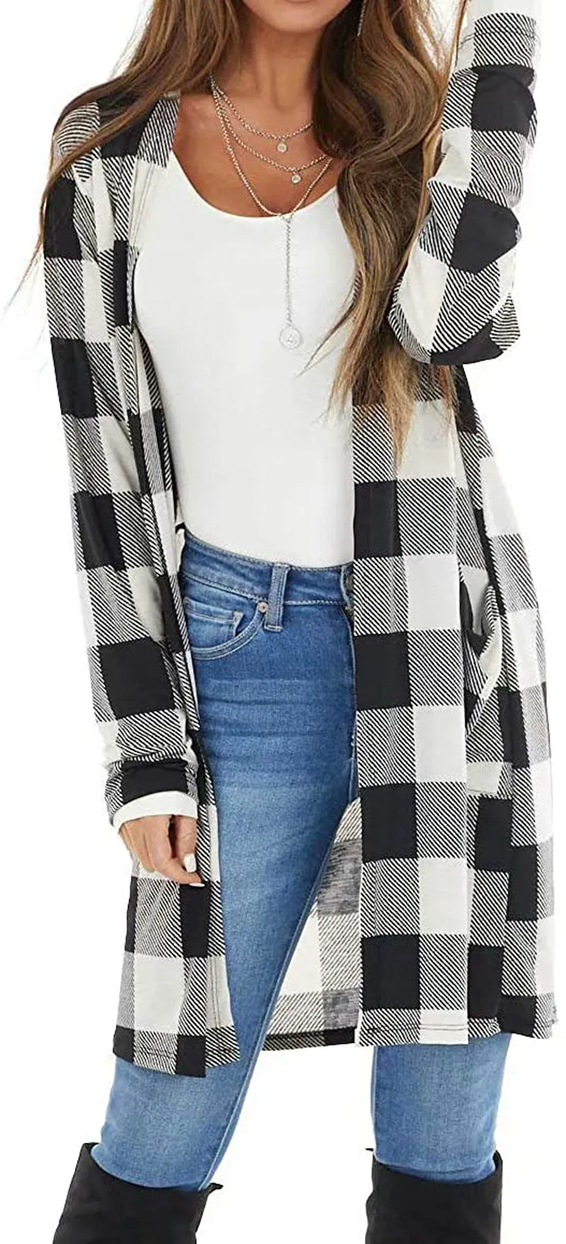 Dressmine Women's Long Sleeve Open Front Cardigan Buffalo Plaid Knitted Maxi Sweater Coat Outwear