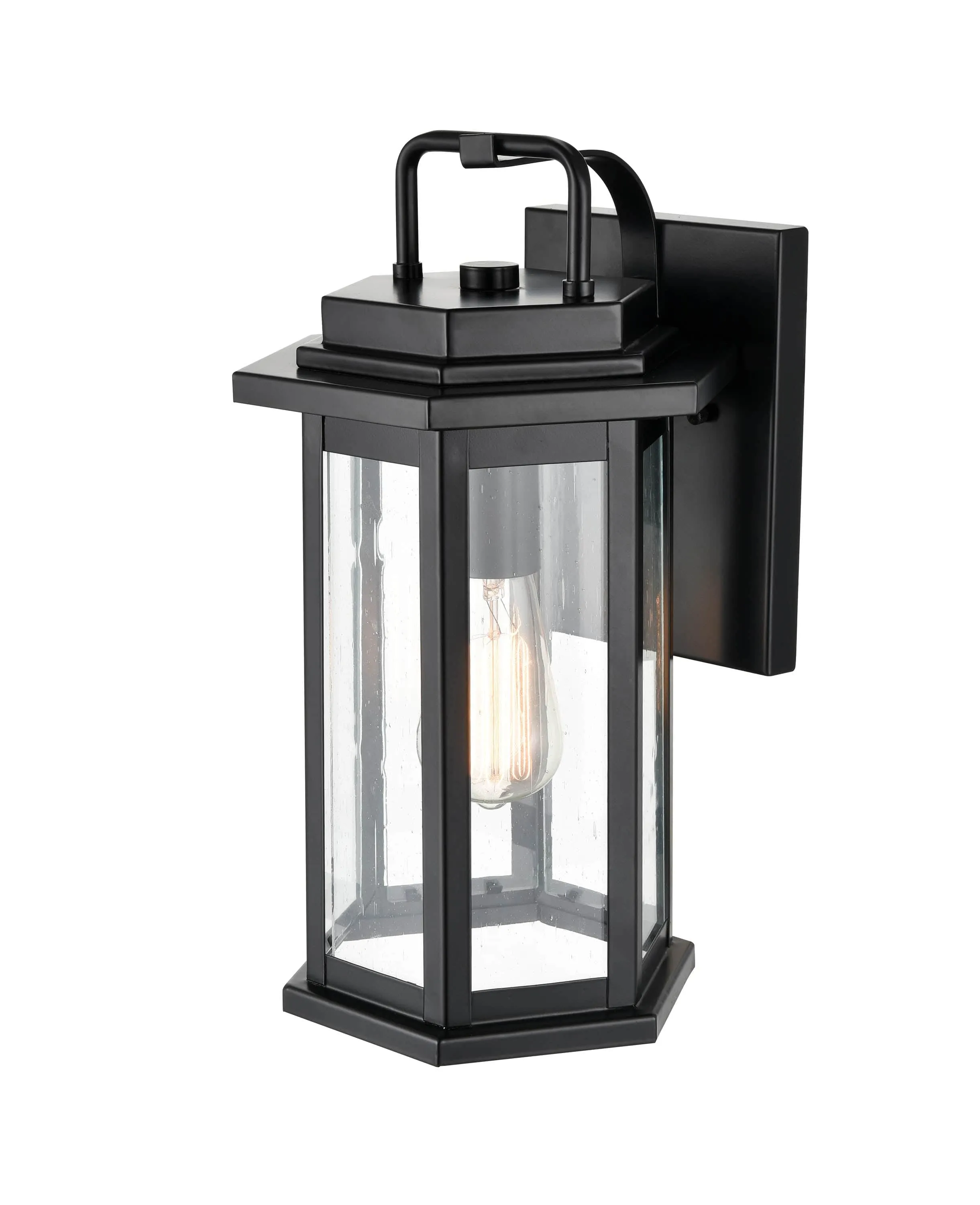 Ellis Outdoor Wall Sconce - Powder Coat Black - Clear Seeded Glass - 9in. Extension - E26 Medium Base