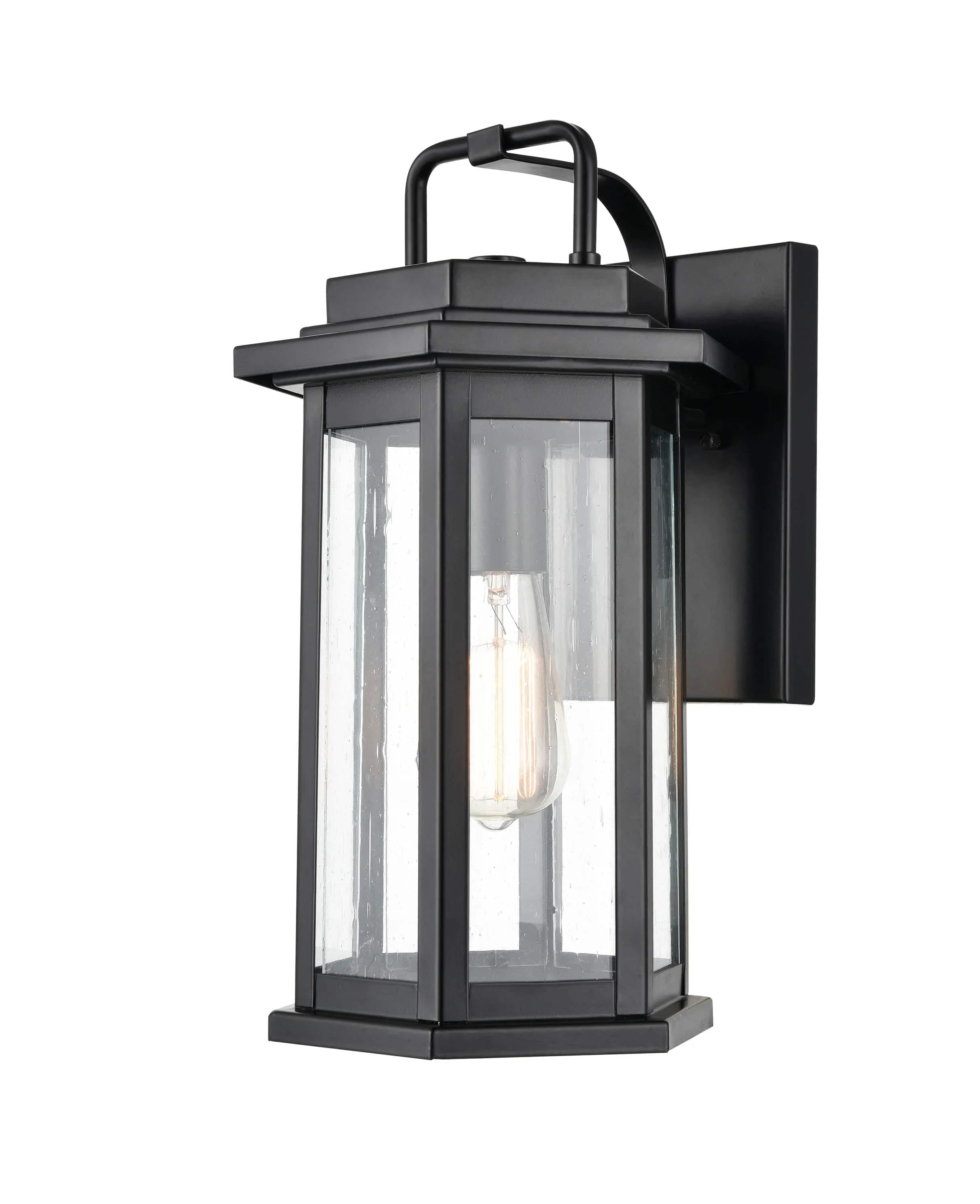 Ellis Outdoor Wall Sconce - Powder Coat Black - Clear Seeded Glass - 9in. Extension - E26 Medium Base