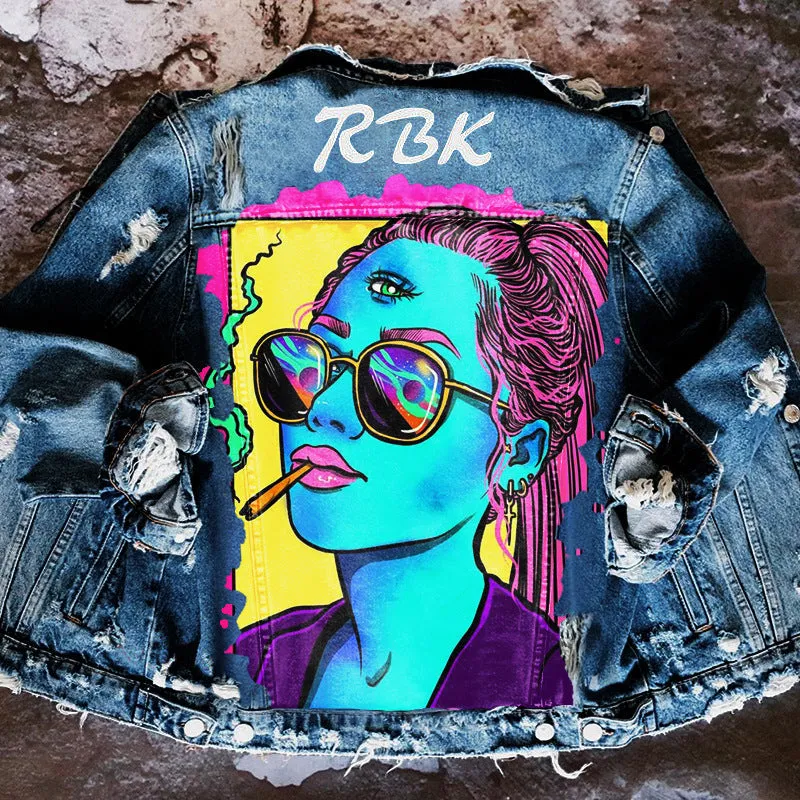 Fashion trendy cool graffiti illustration ripped denim jacket