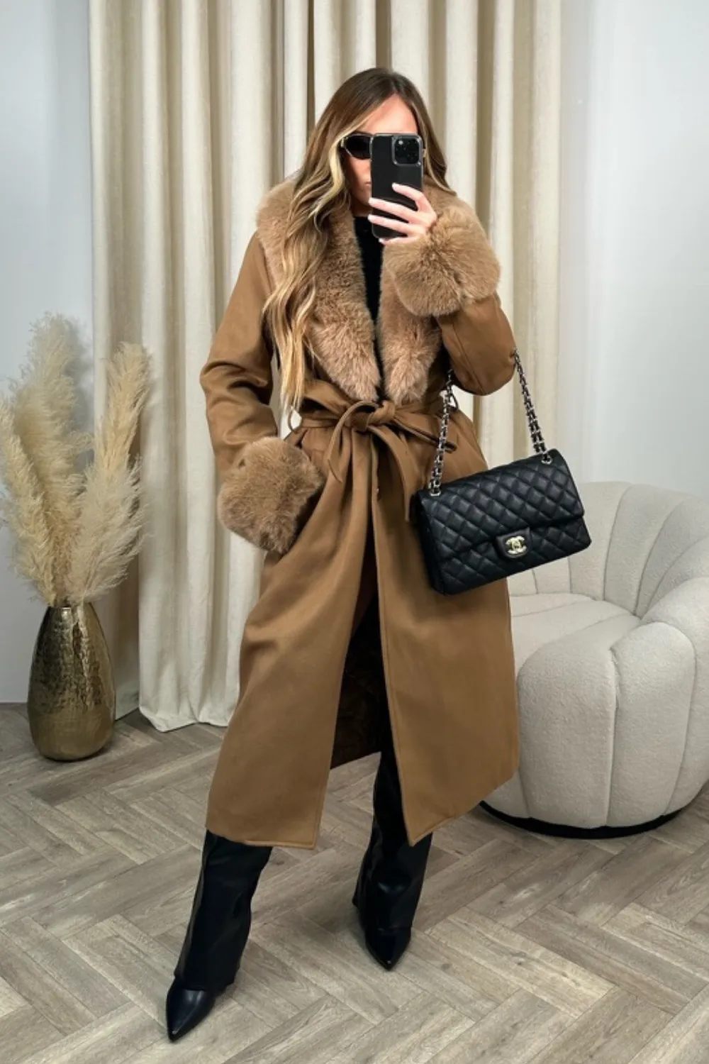 Hazel camel felt faux fur long coat