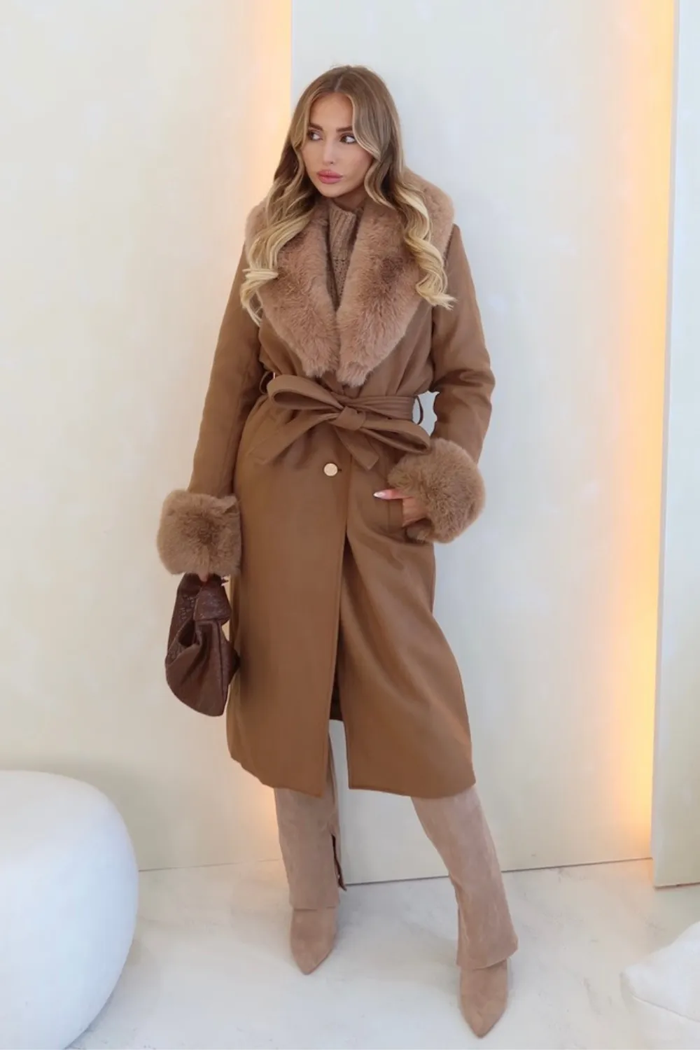 Hazel camel felt faux fur long coat