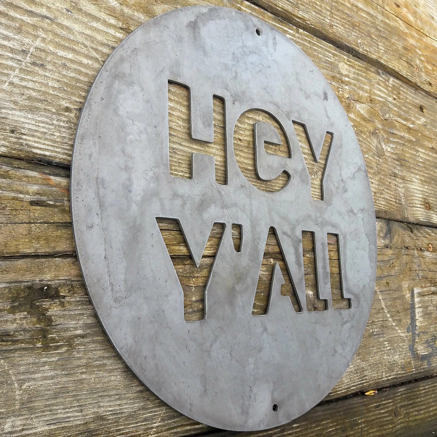 HEY Y'ALL Round Metal Sign - Rustic Wedding Welcome Wall Art - Southern, Country Farmhouse Decor