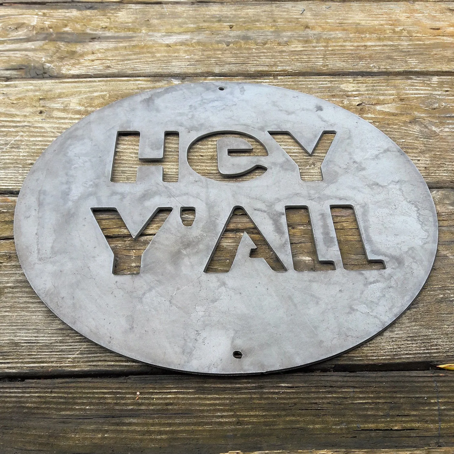 HEY Y'ALL Round Metal Sign - Rustic Wedding Welcome Wall Art - Southern, Country Farmhouse Decor