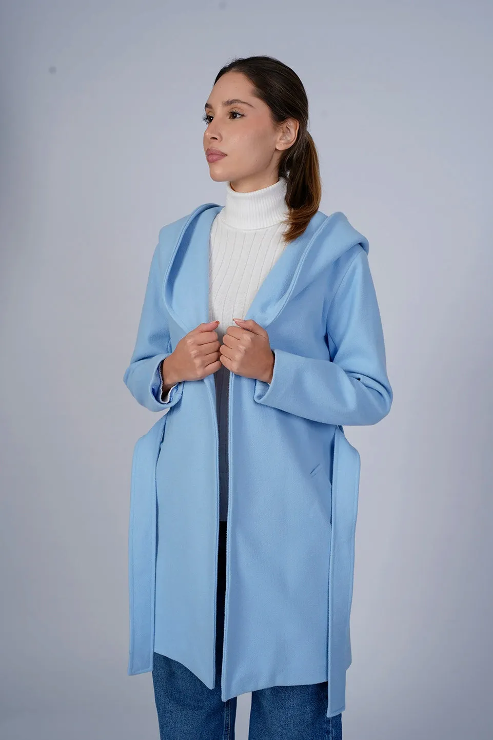 Hooded Wrap Blue Short Coat