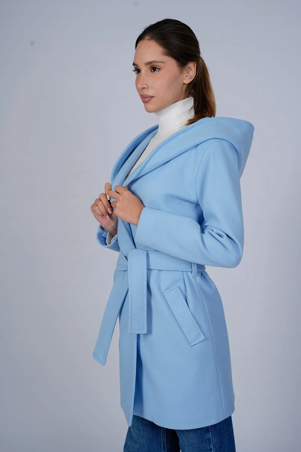 Hooded Wrap Blue Short Coat