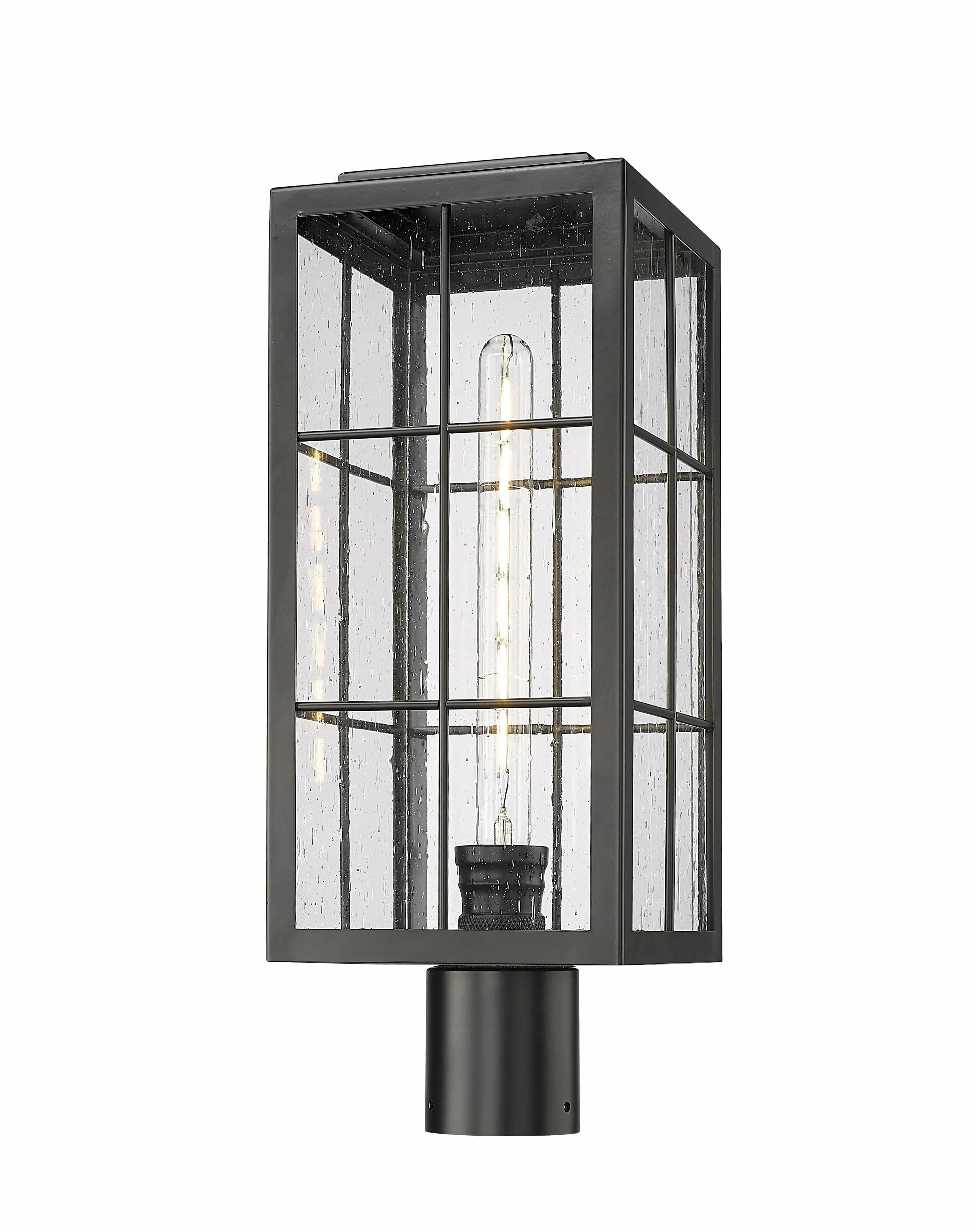 Jaxson Outdoor Post Top Lantern - Powder Coated Black - Clear Seeded Glass - 7.5in. Diameter - E26 Medium Base