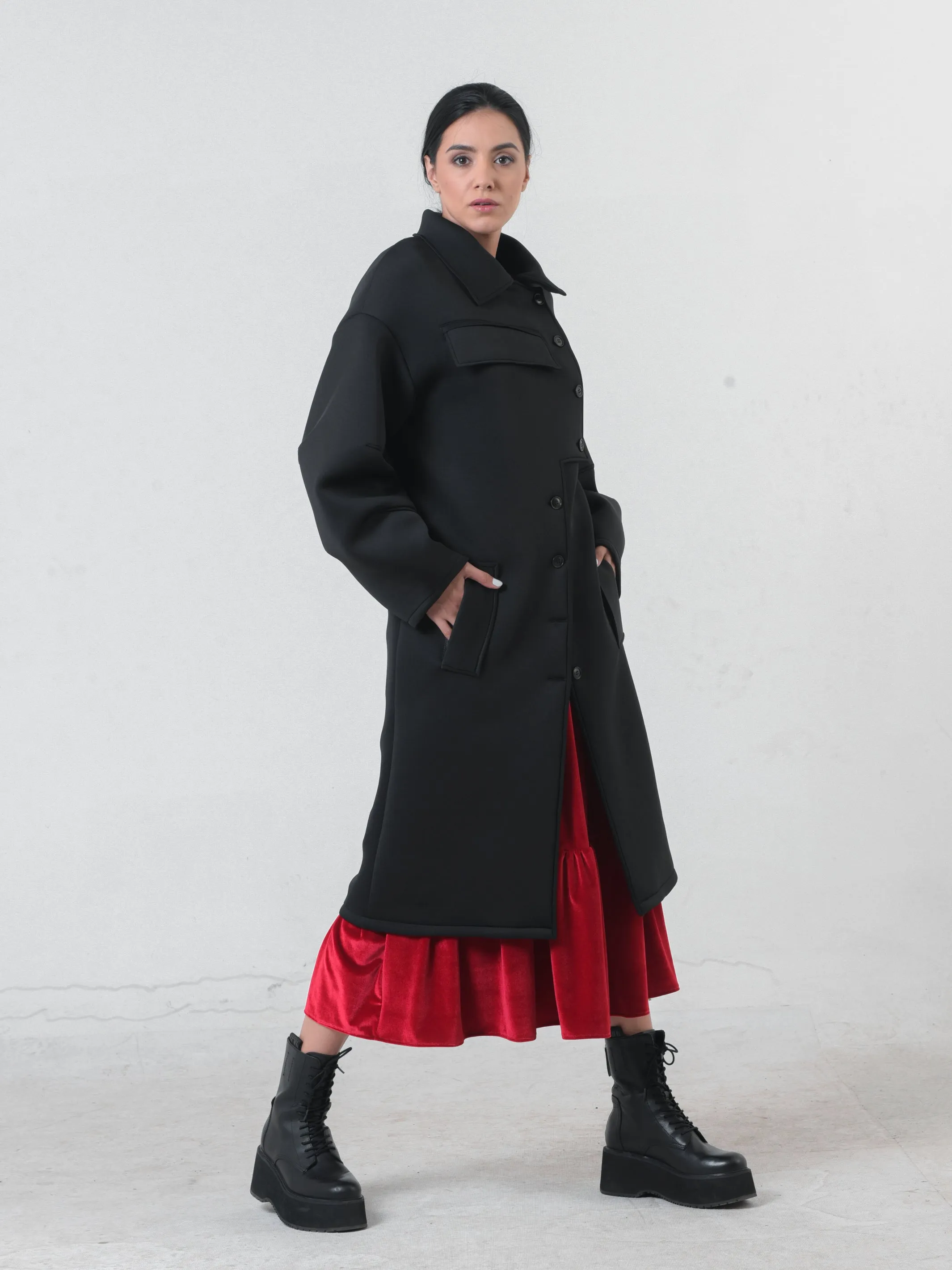 Long Black Neoprene Coat