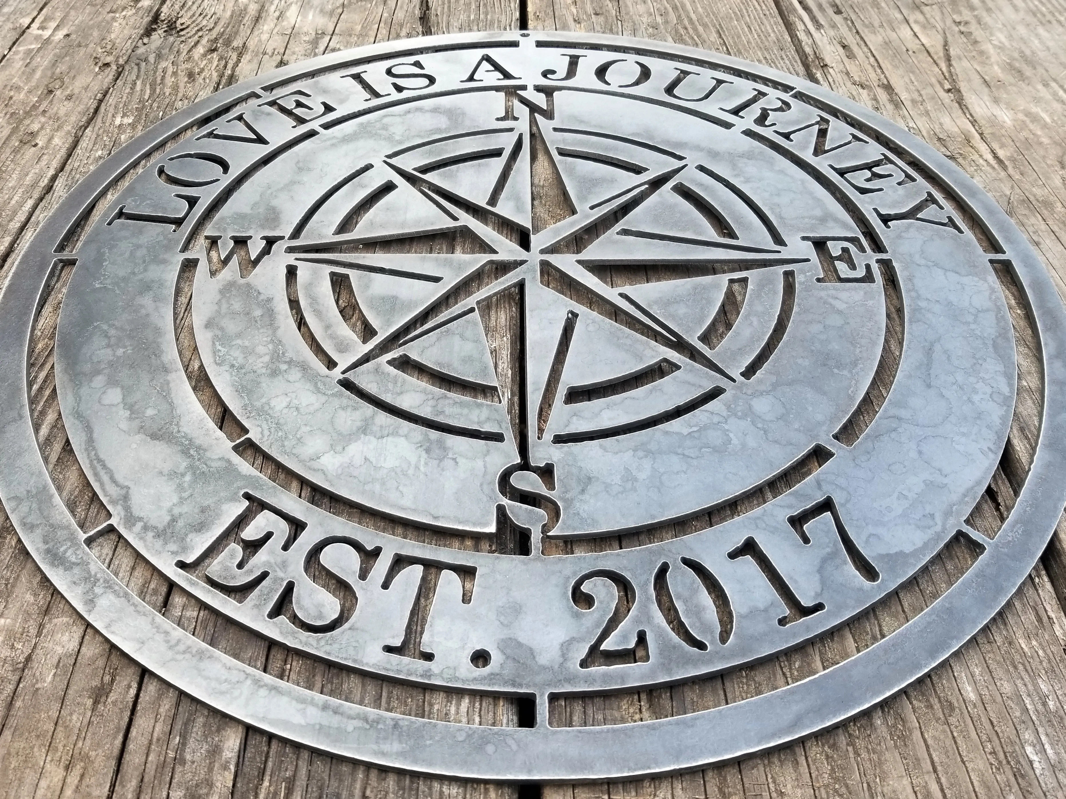 Love is a Journey - Personalized Compass Rose Metal Sign - Nautical Established Wedding Gift Wall Art