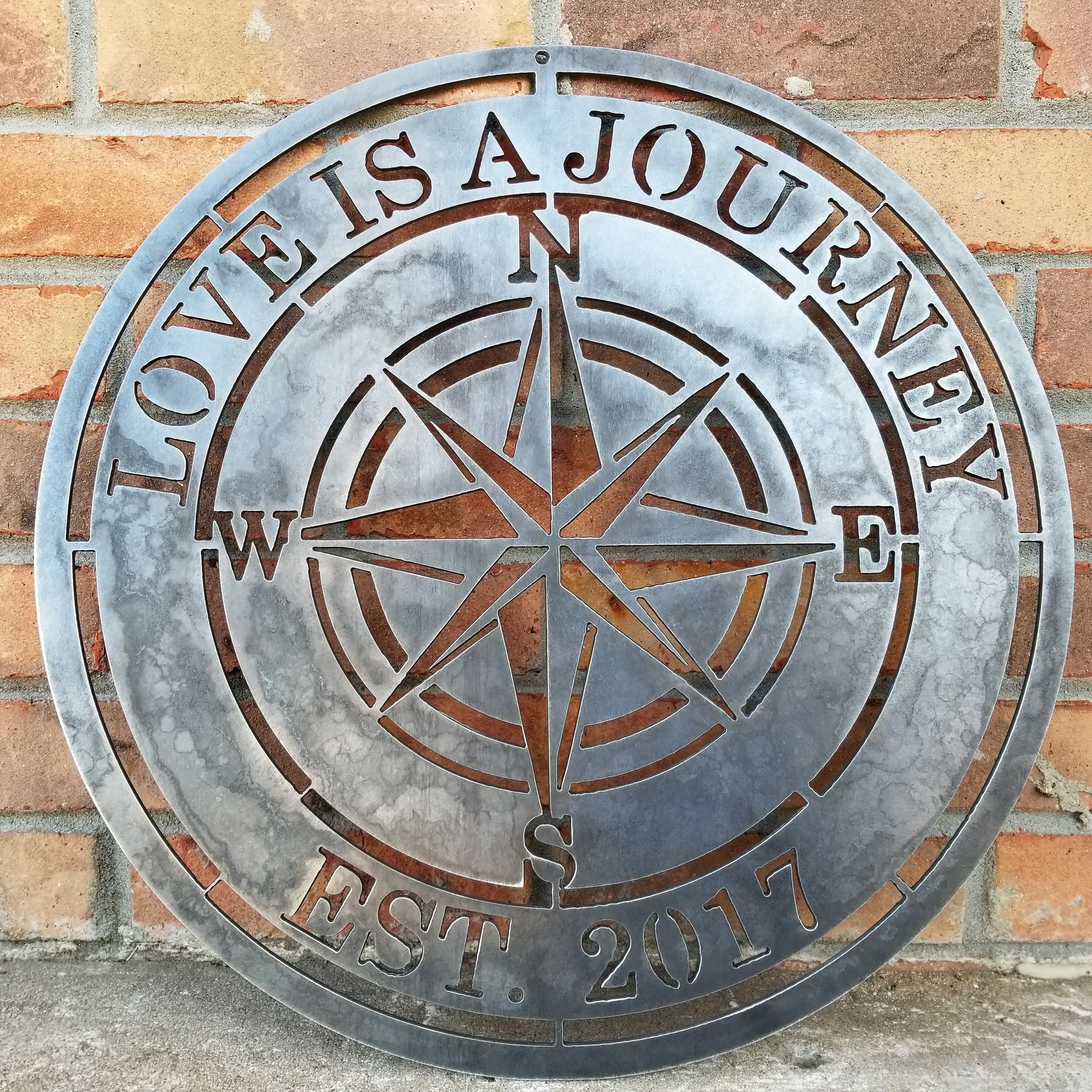 Love is a Journey - Personalized Compass Rose Metal Sign - Nautical Established Wedding Gift Wall Art