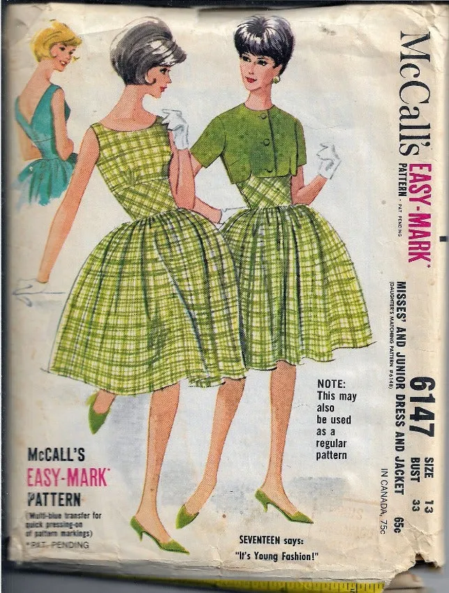 McCalls 6147 Ladies Dress Bolero Jacket Vintage Sewing Pattern 1960s