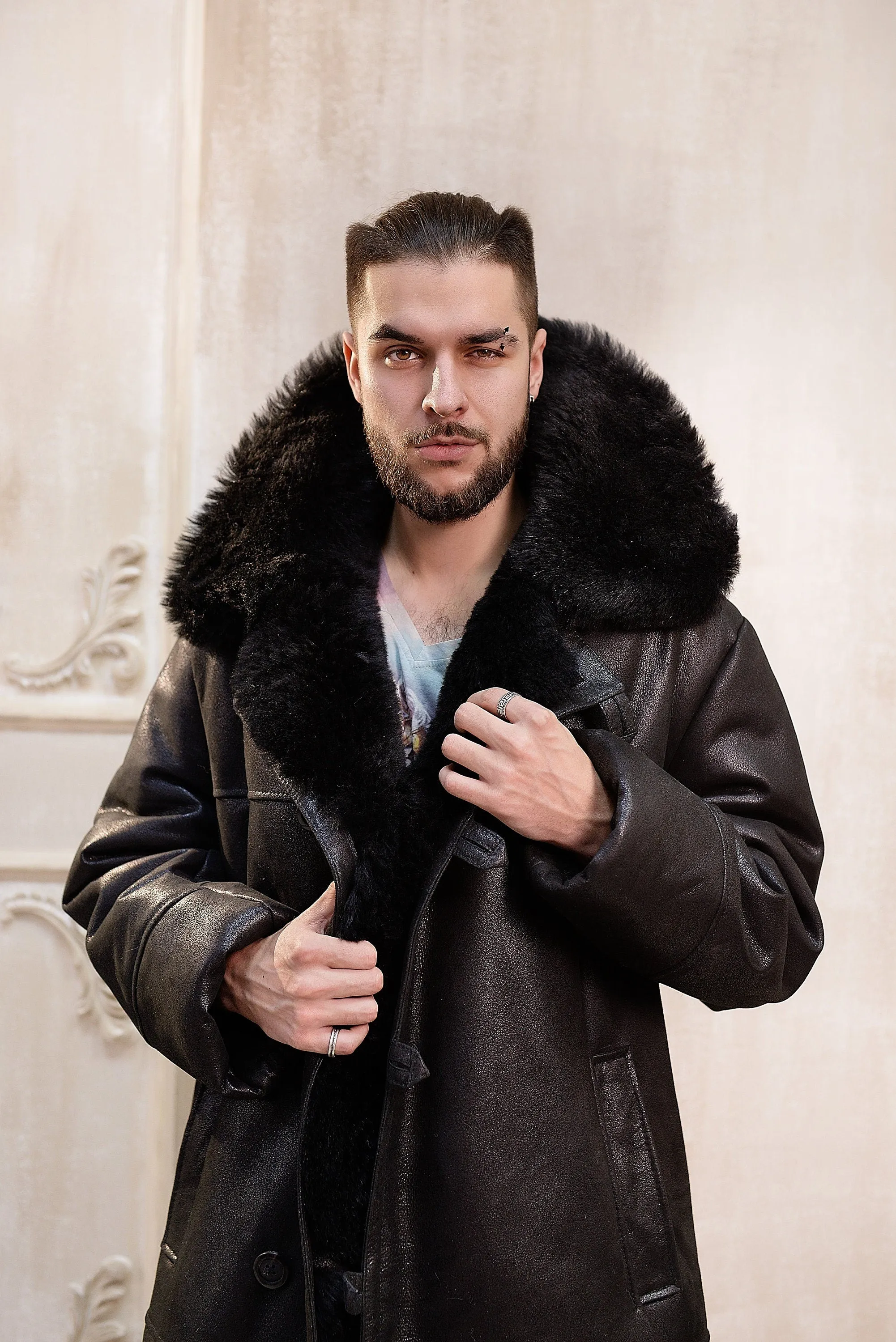 Mens Long Shearling Sheepskin Coat in Black Color with Black Lining and Wide Fur Collar