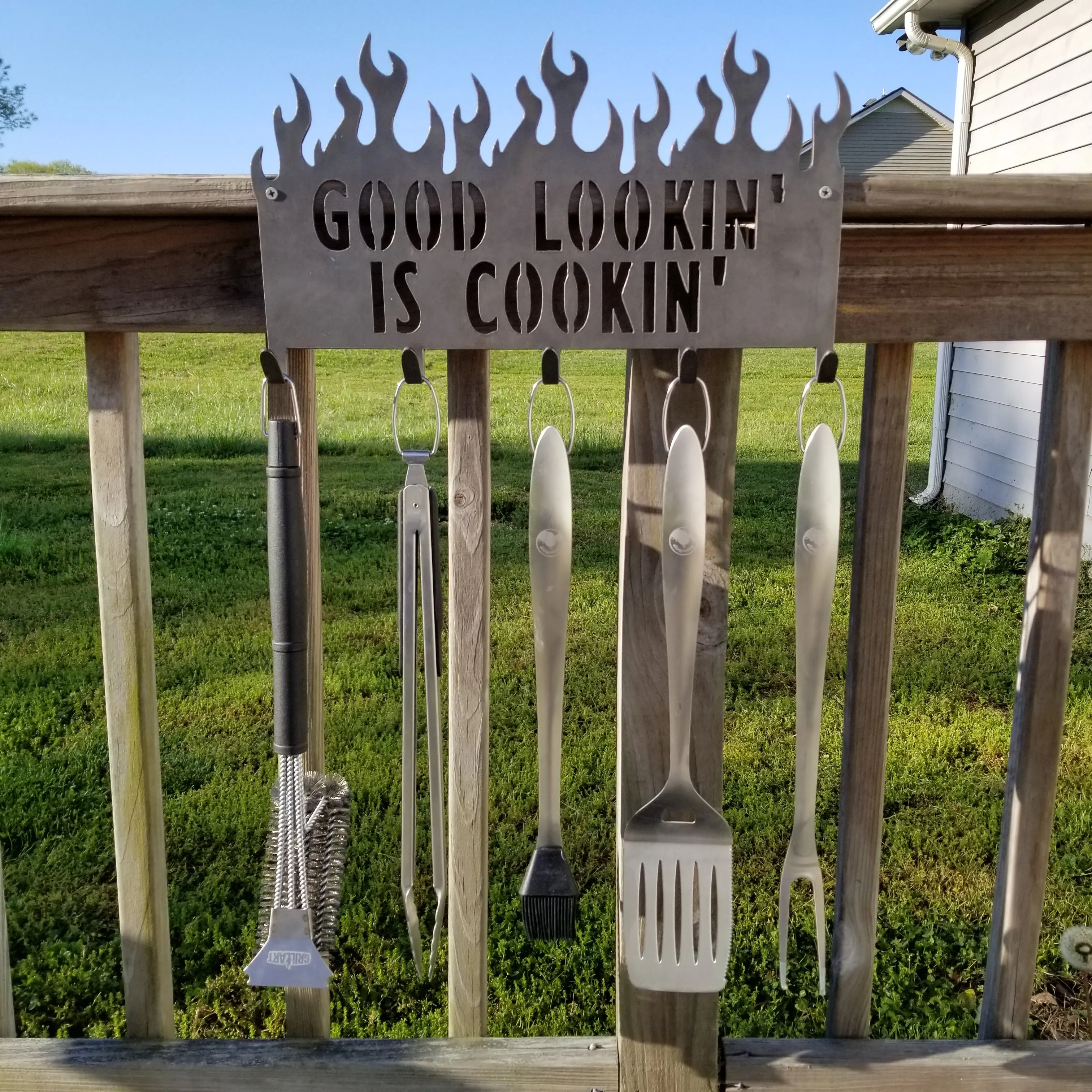 Personalized BBQ Tool Holder For Dad - Metal Grill Sign, Utensil Rack, Caddy, Hooks, Barbecue