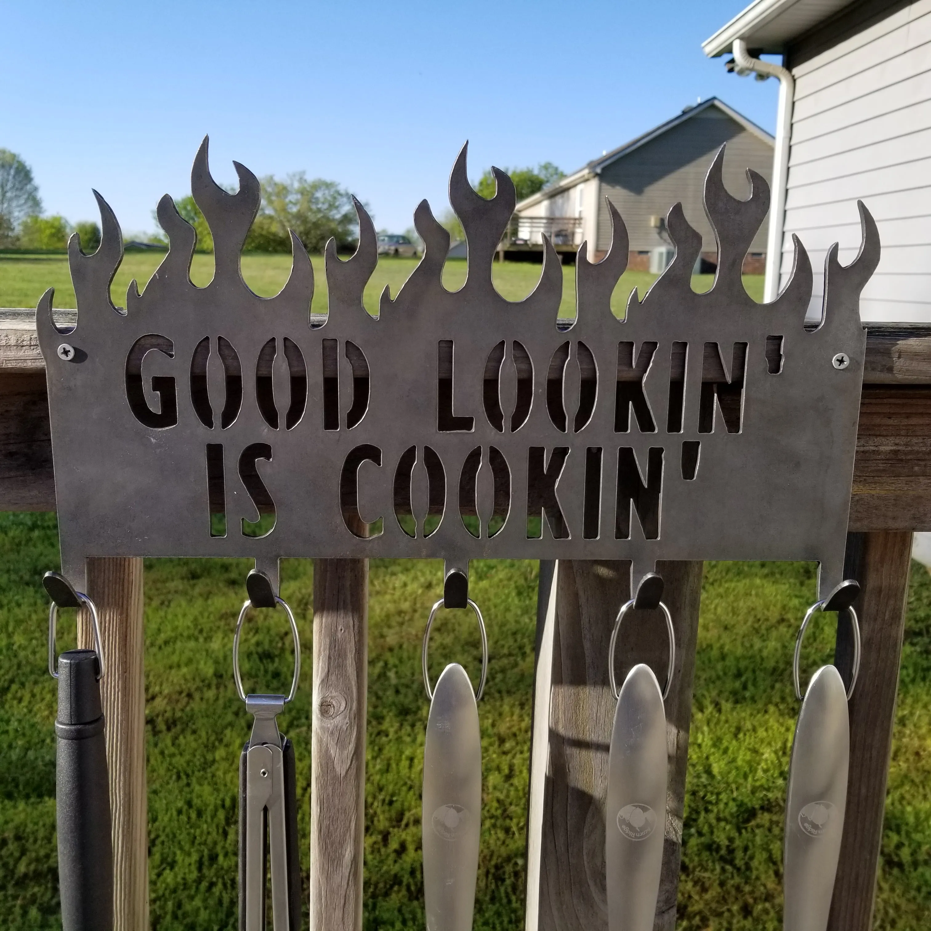 Personalized BBQ Tool Holder For Dad - Metal Grill Sign, Utensil Rack, Caddy, Hooks, Barbecue