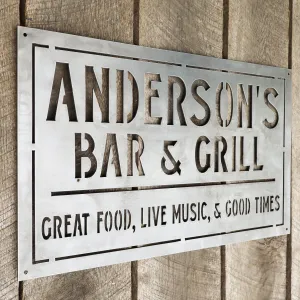 Personalized Metal Family Bar and Grill Sign - Outdoor Last Name Patio Decor - Man Cave, Clubhouse Wall Art