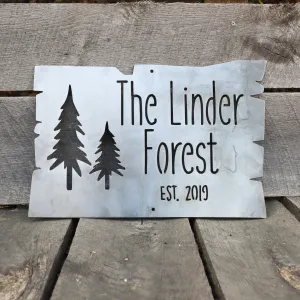 Personalized Metal Forest Sign - Mountain Cabin Established Date Wall Art