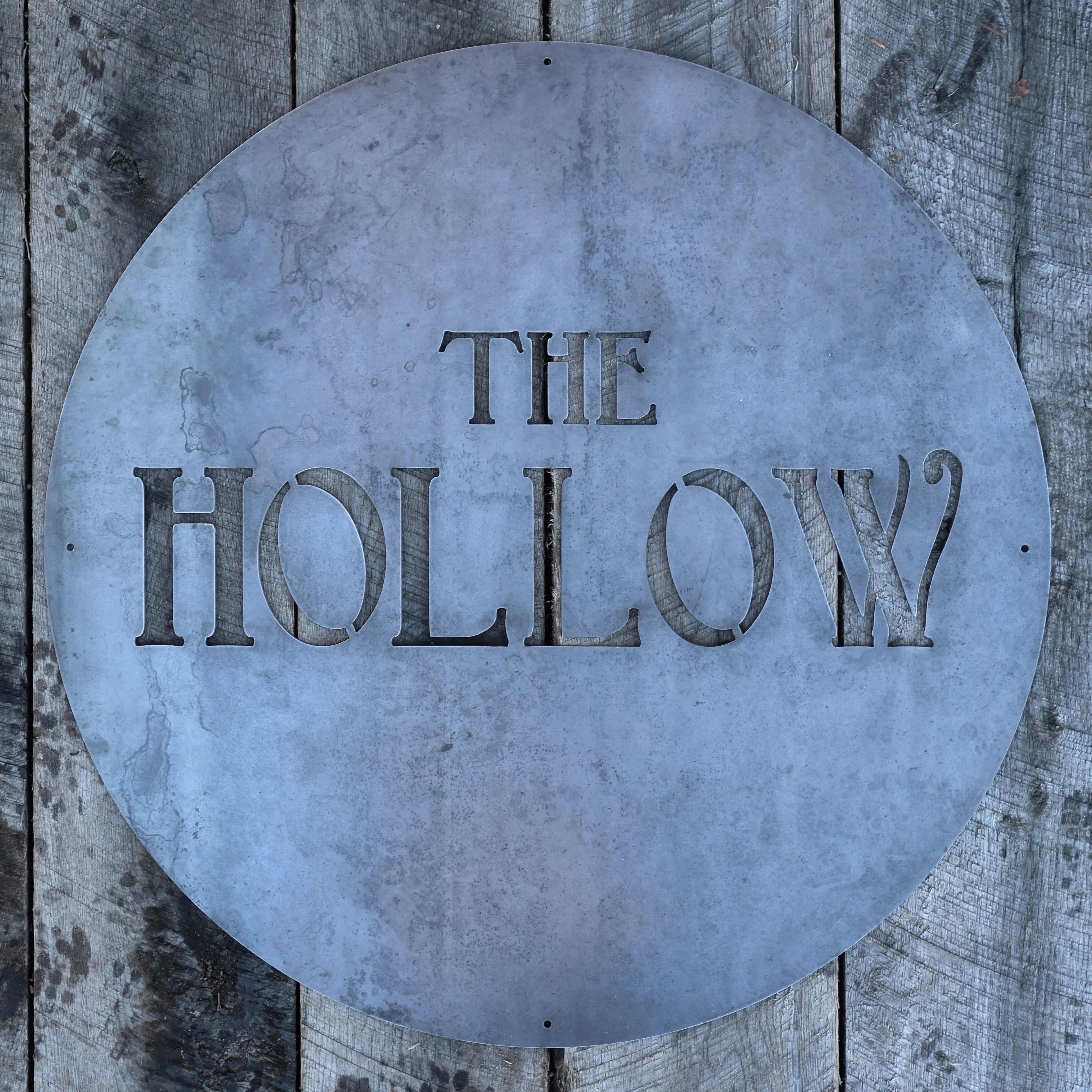 Personalized Minimalist Metal Circle Sign - The Hollow -  Rustic Round Wall Decor