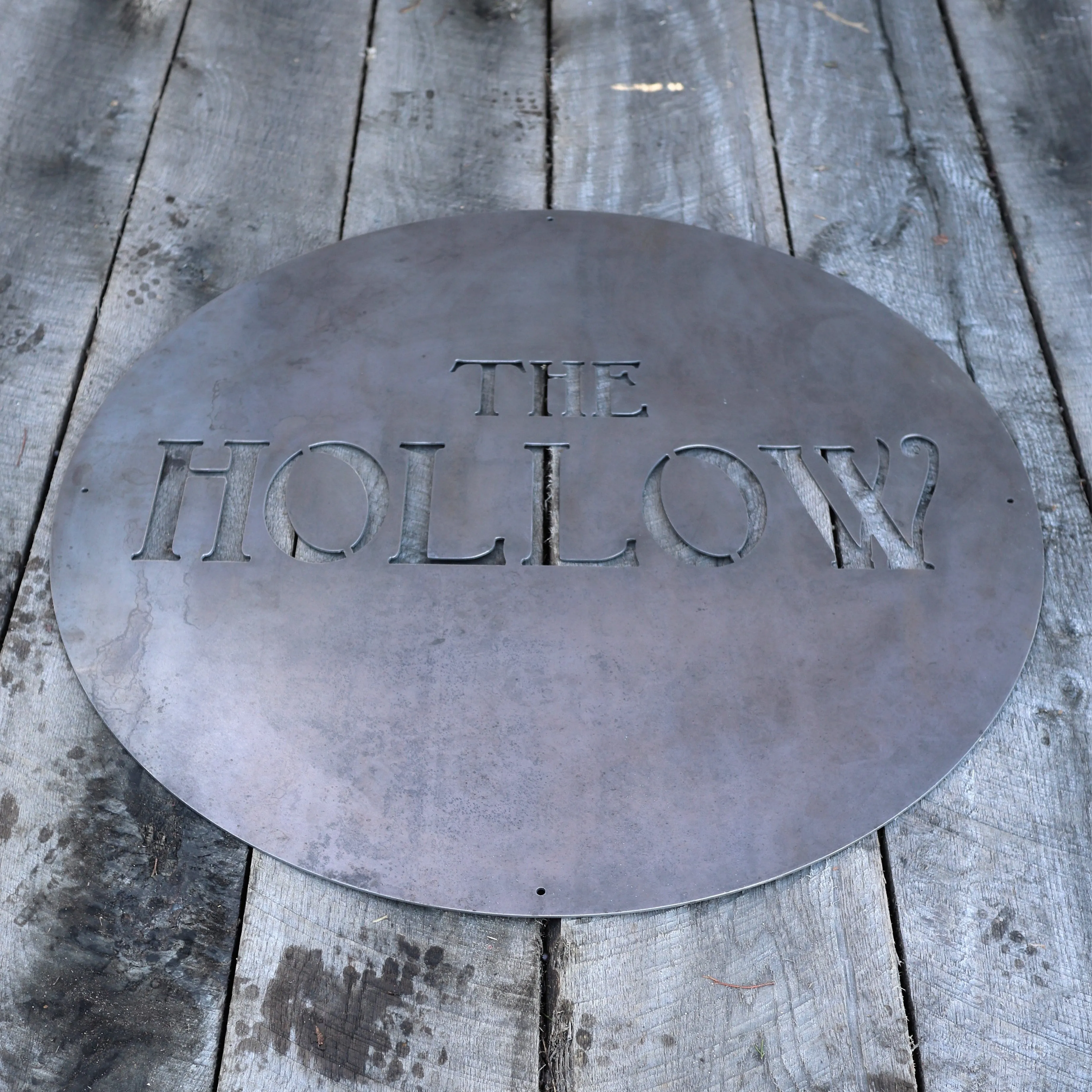 Personalized Minimalist Metal Circle Sign - The Hollow -  Rustic Round Wall Decor