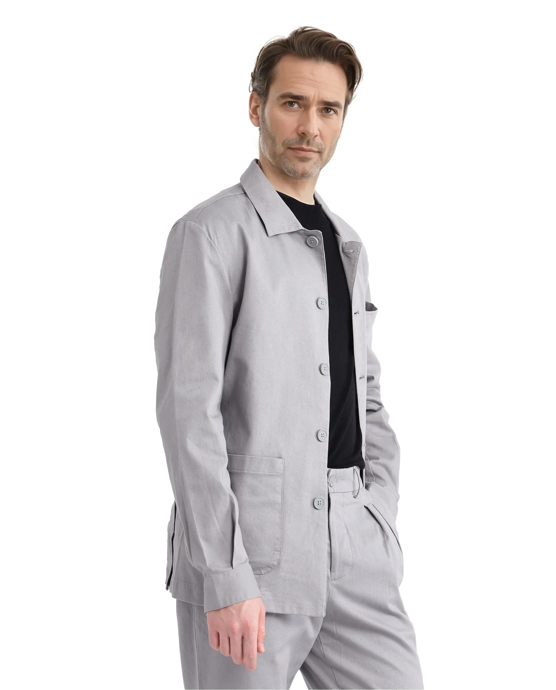 Rare Rabbit Men's Torroy Grey Cotton Fabric Full Sleeves Collared Neck Plain Jacket