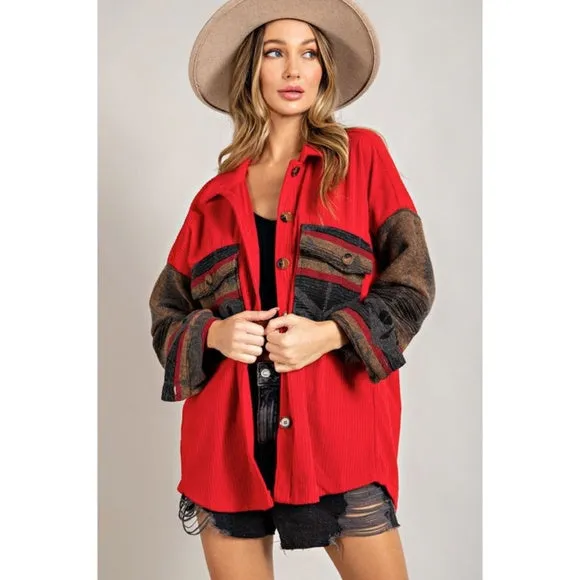 Red Corduroy Aztec Tribal Western Printed Shacket Shirt Jacket