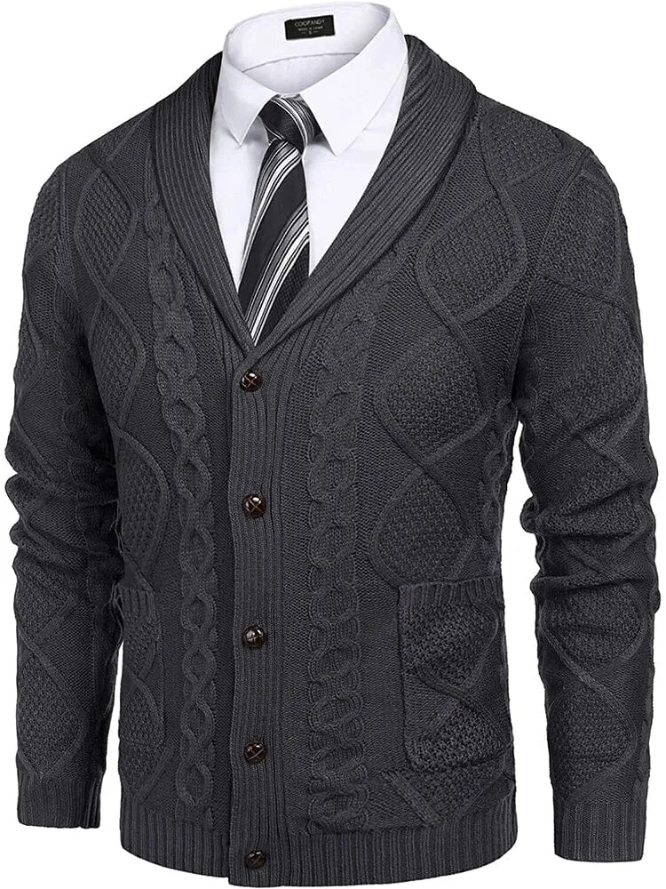 Shawl Collar Button Down Knitted Sweater with Pockets (US Only)