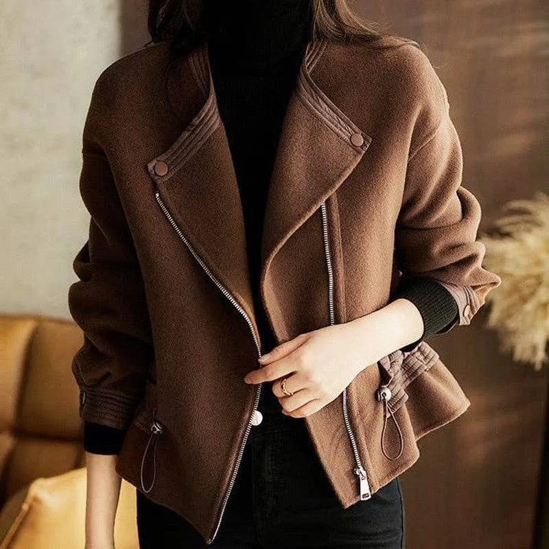 Short Solid Color Drawstring Waist Woolen Coat