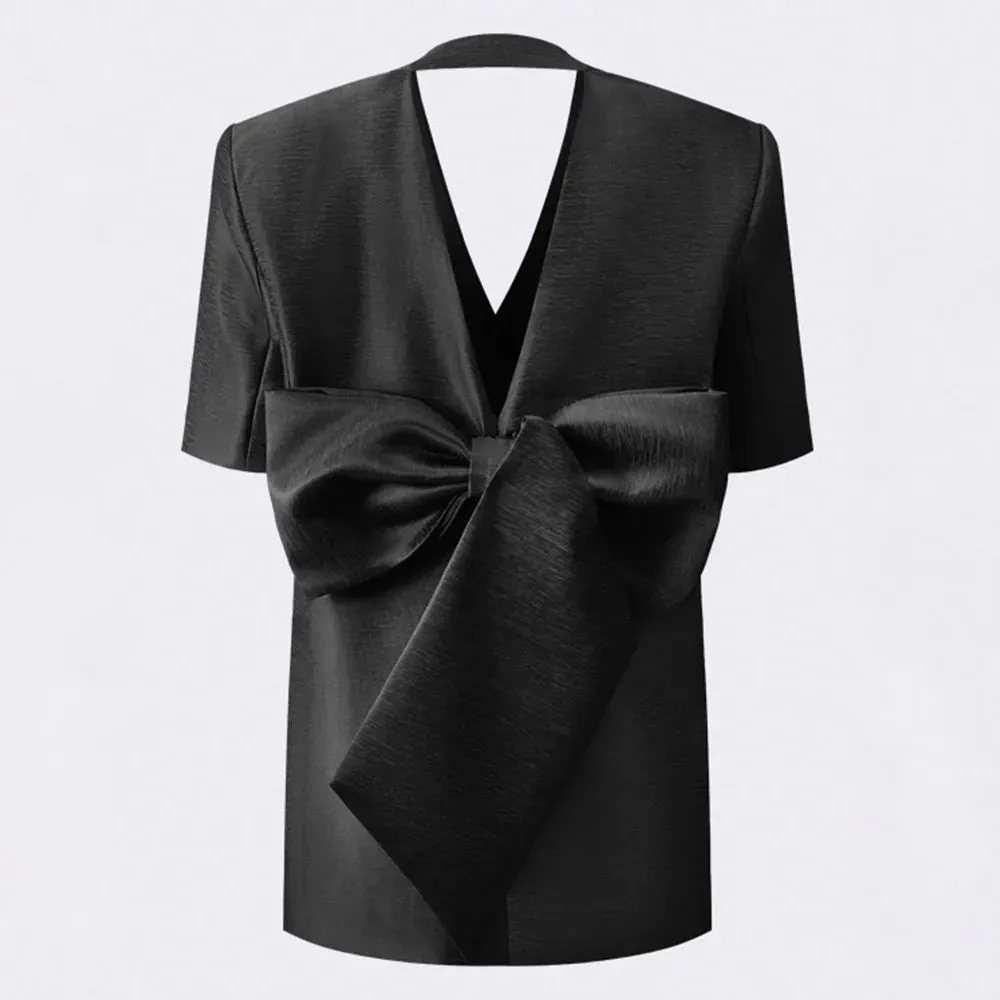 Solid Temperament Blazers For Women V Neck Short Sleeve Spliced Bow Hollow Out Chic Blazer Female Fashion Clothing