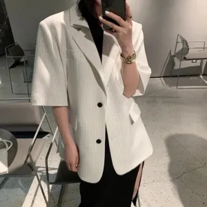 Striped Summer Short Length Blazers For Women Notched Collar Spliced Button Slim Blazer Female Fashion Clothing