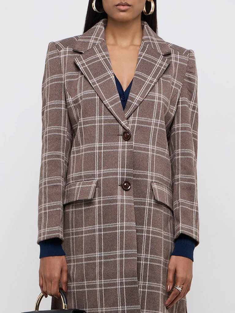 Wardrobe Dark Brown Checkered Long Coat