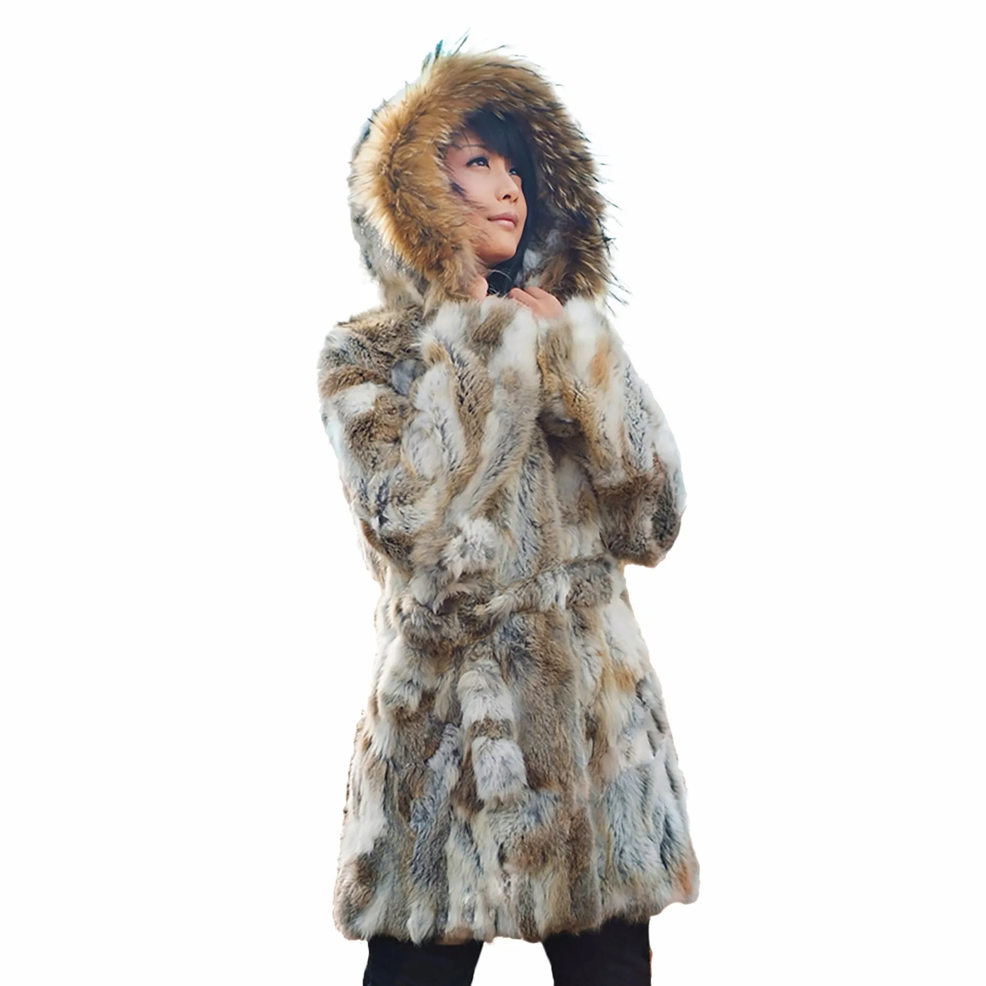 Womens Coat Genuine Rabbit Fur Coat with Raccoon Fur Trim Hood Winter Jacket Winter Coat Fur Story FS010107