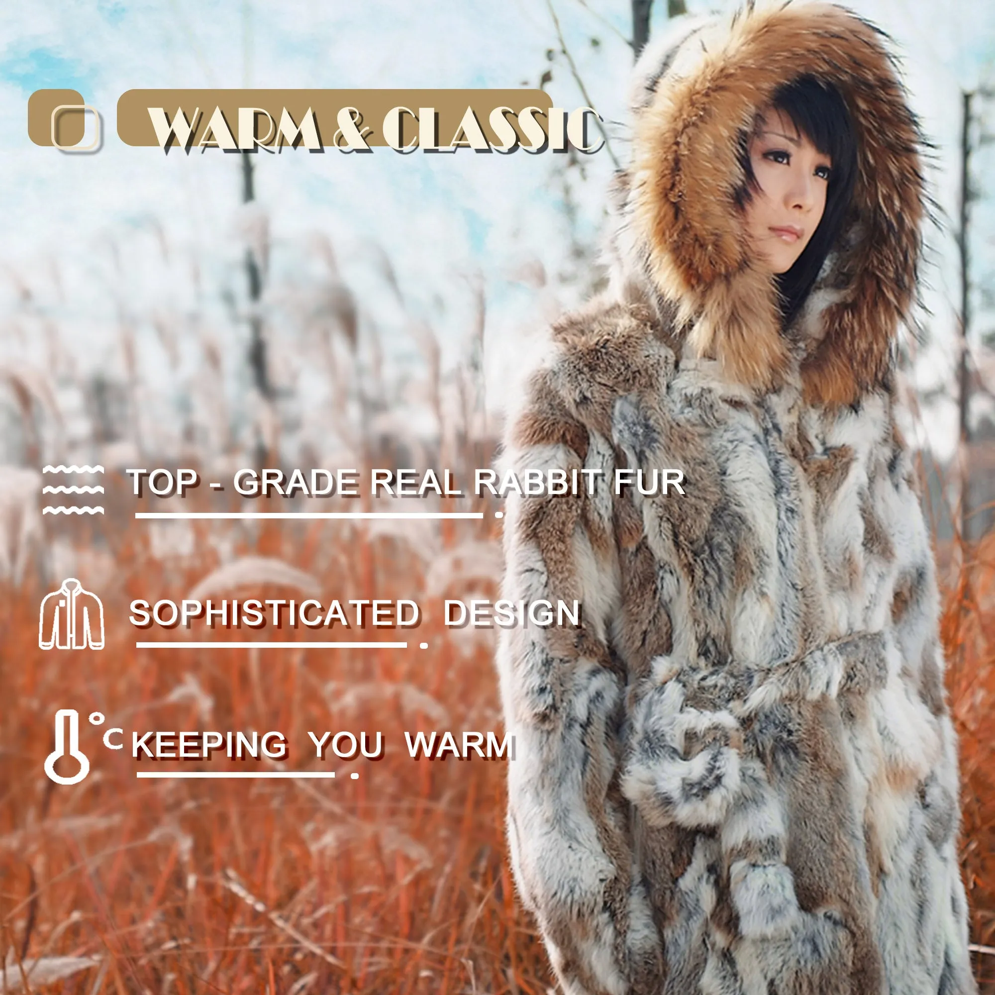 Womens Coat Genuine Rabbit Fur Coat with Raccoon Fur Trim Hood Winter Jacket Winter Coat Fur Story FS010107