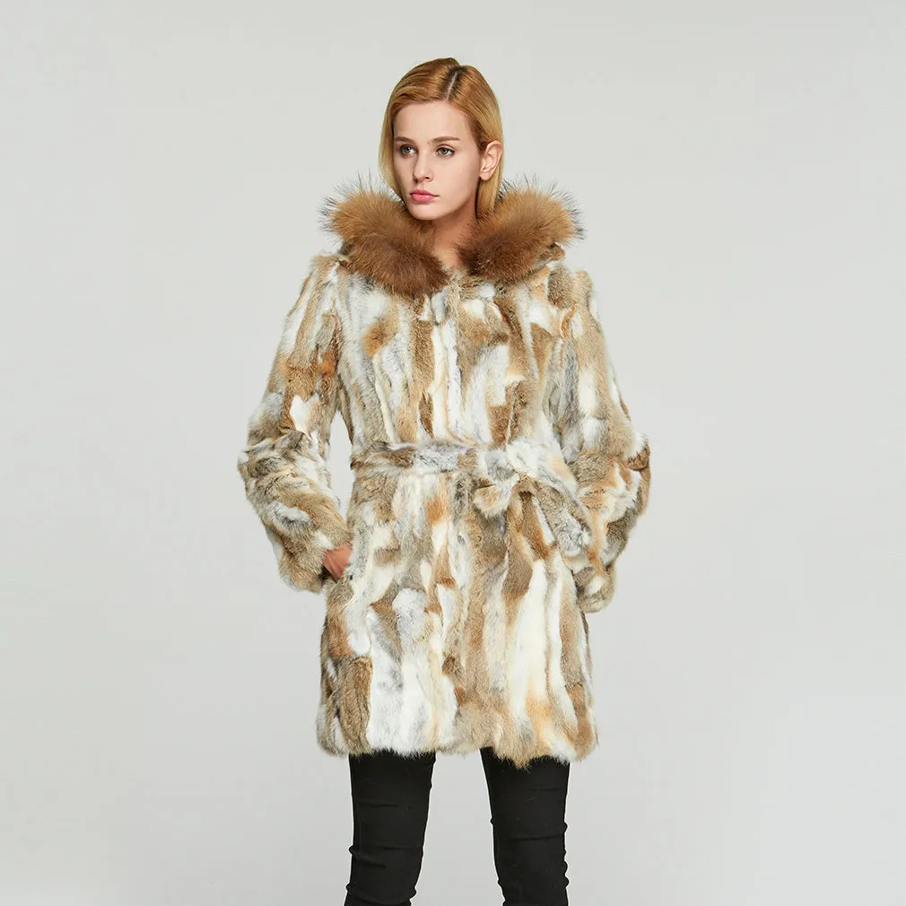 Womens Coat Genuine Rabbit Fur Coat with Raccoon Fur Trim Hood Winter Jacket Winter Coat Fur Story FS010107