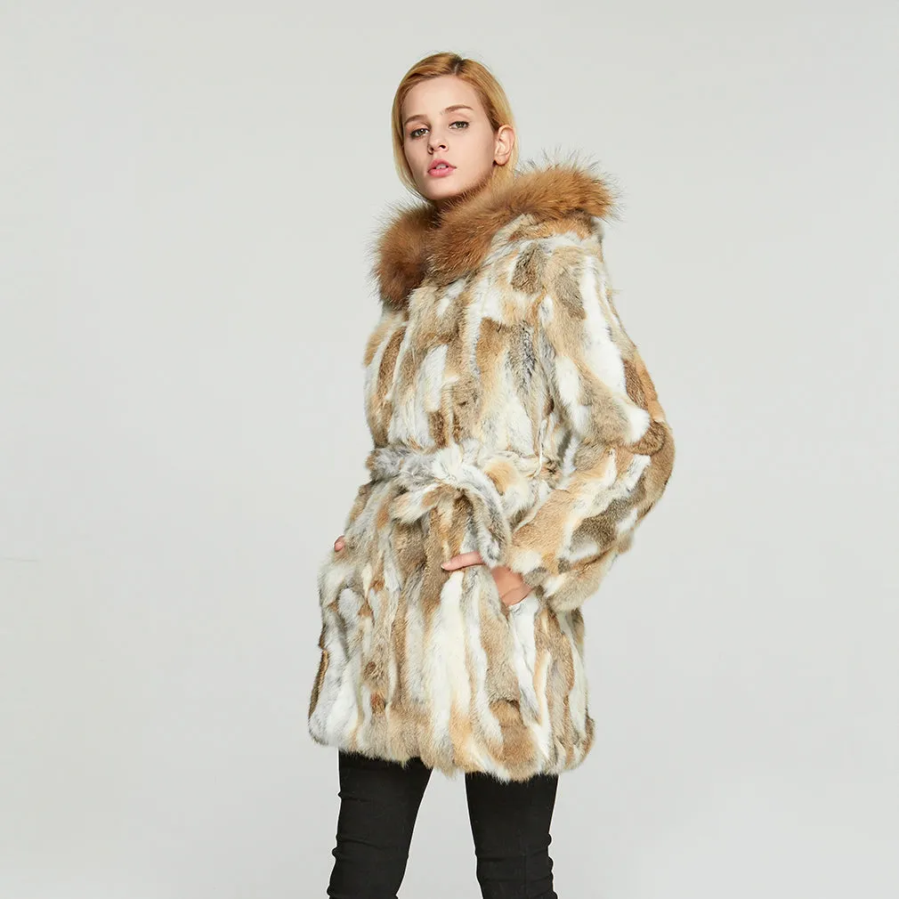 Womens Coat Genuine Rabbit Fur Coat with Raccoon Fur Trim Hood Winter Jacket Winter Coat Fur Story FS010107