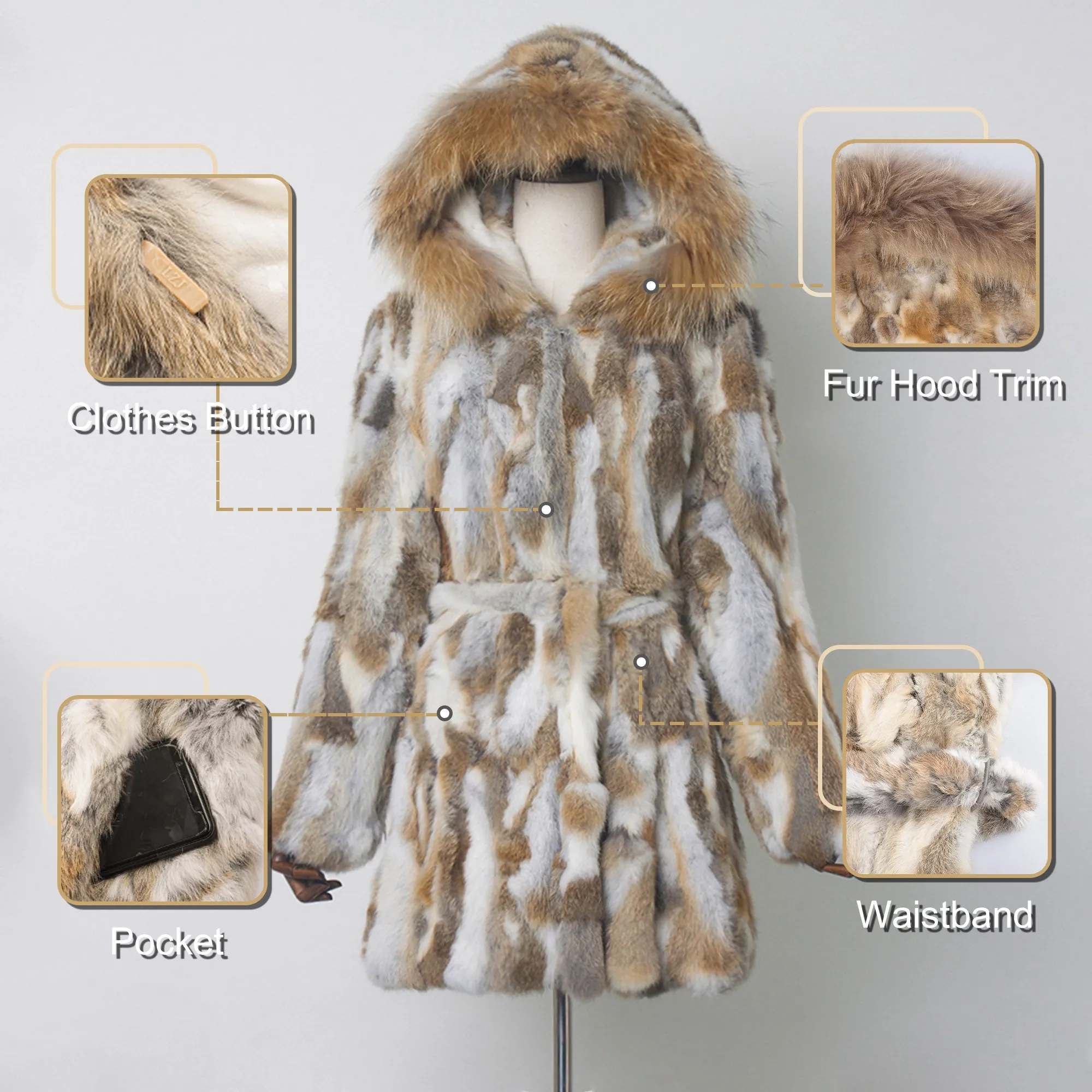 Womens Coat Genuine Rabbit Fur Coat with Raccoon Fur Trim Hood Winter Jacket Winter Coat Fur Story FS010107