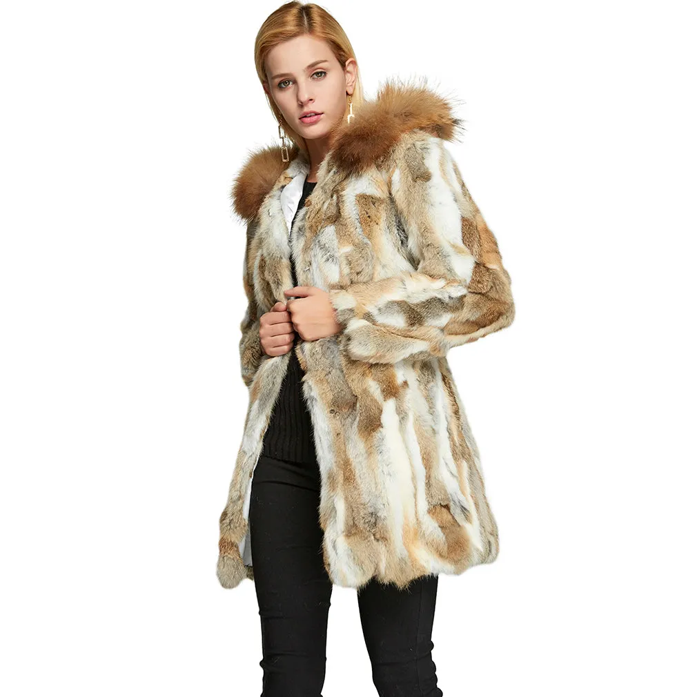 Womens Coat Genuine Rabbit Fur Coat with Raccoon Fur Trim Hood Winter Jacket Winter Coat Fur Story FS010107