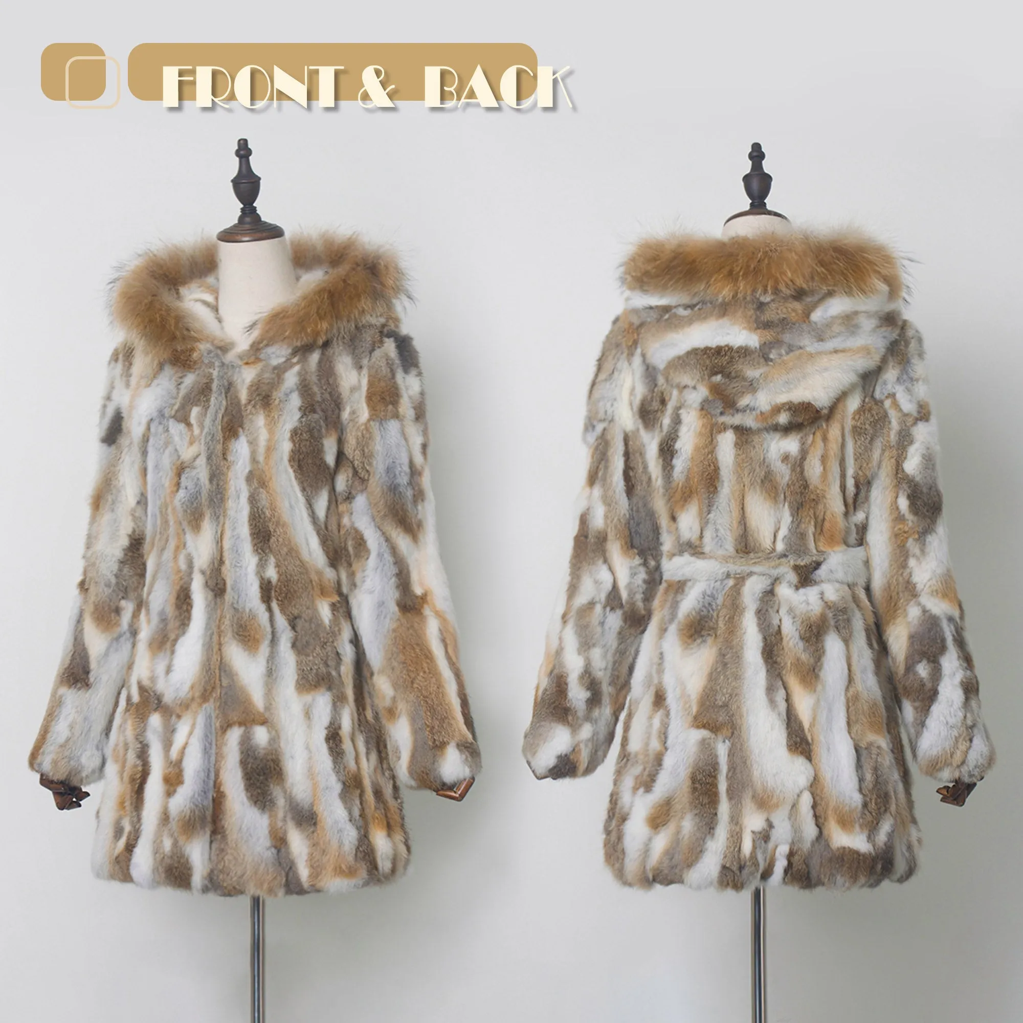 Womens Coat Genuine Rabbit Fur Coat with Raccoon Fur Trim Hood Winter Jacket Winter Coat Fur Story FS010107