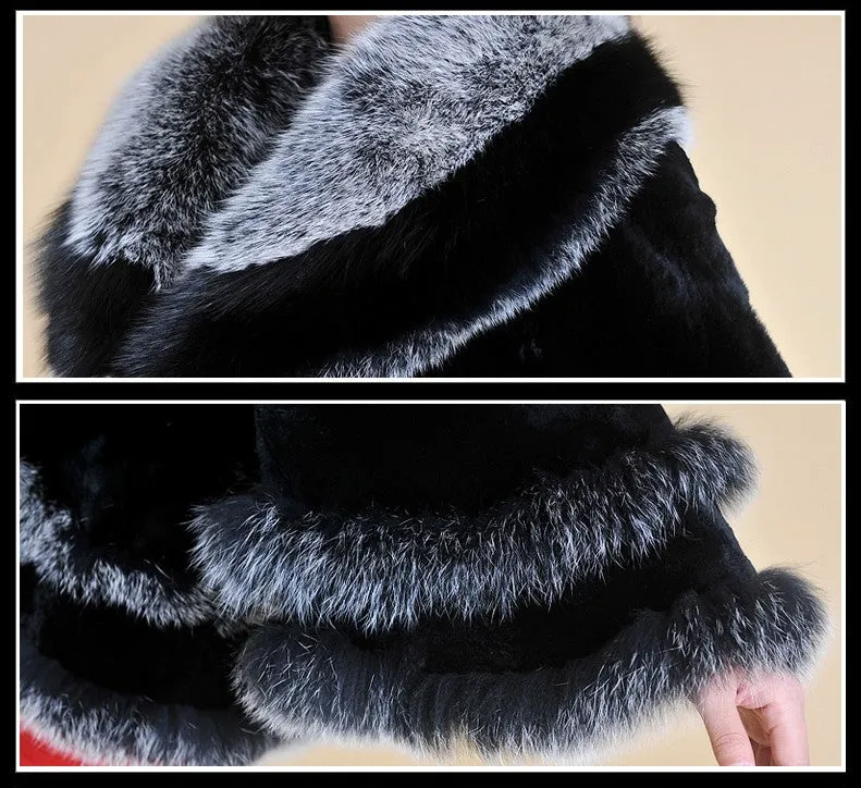 Women's Cropped Coat Real REX Rabbit Fur Coat Fox Fur Collar Coat Shawl 010139