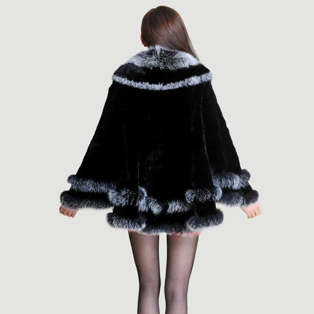 Women's Cropped Coat Real REX Rabbit Fur Coat Fox Fur Collar Coat Shawl 010139