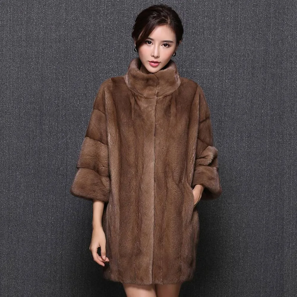 Women's Genuine Mink Fur Coat Women With Stand-up Collar Overcoat Female Fur Story FS16042