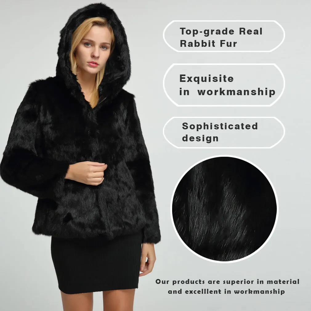 Women's Genuine Rabbit Fur Coat Fuzzy Warm Fur Jacket Winter Outware 151249H